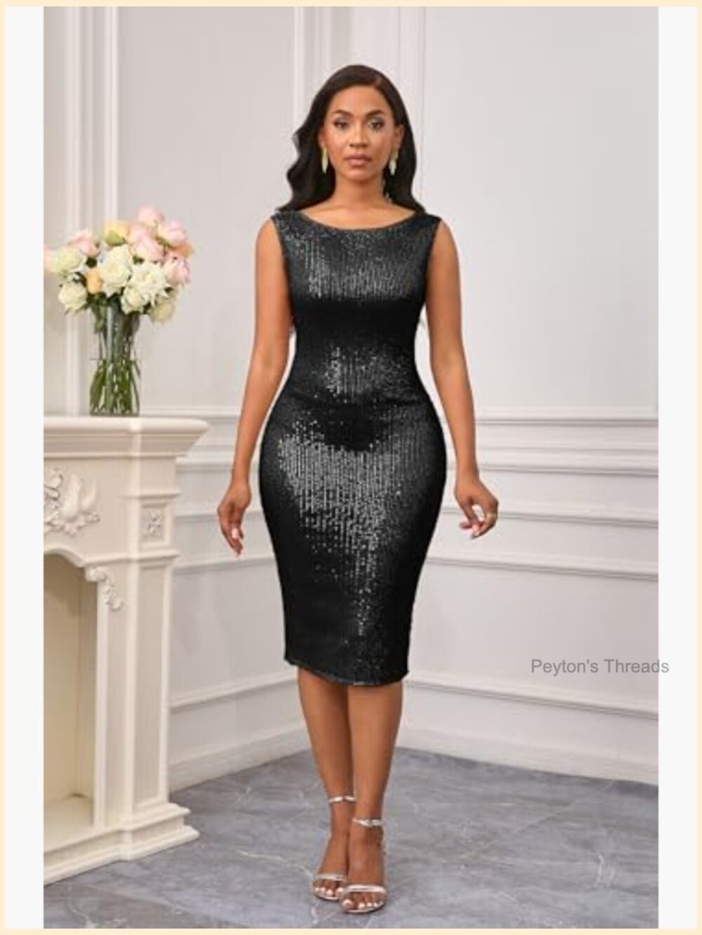 Two Piece Sequin Bodycon Midi Dress with Chiffon Jacket - Picture 7 of 7